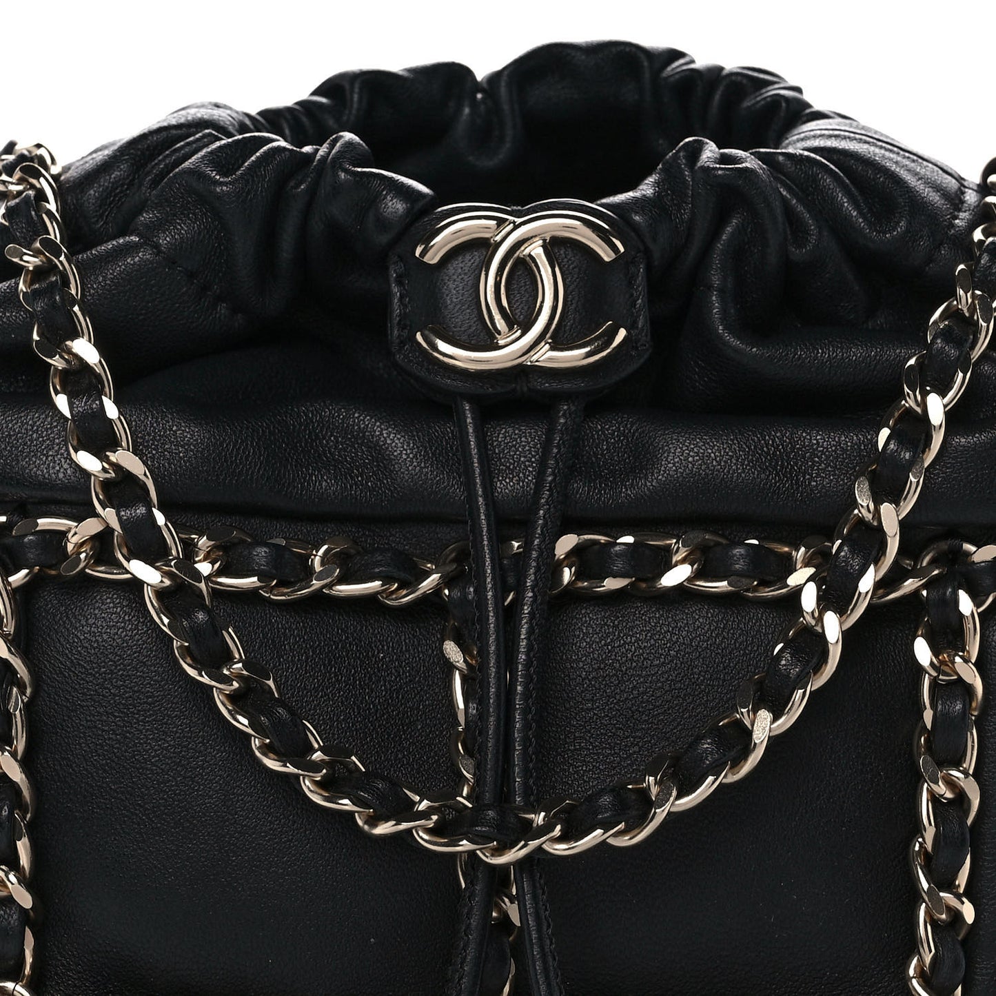 Lambskin Bucket Chain Drawstring Bag Black