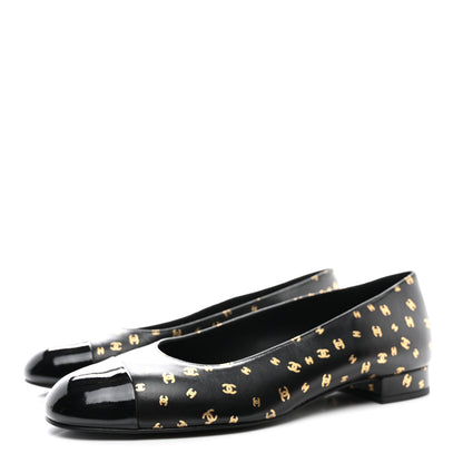 Chanel Lambskin Patent Calfskin Printed CC Cap Toe Ballerina Flats 40 Black Gold 3 of 8