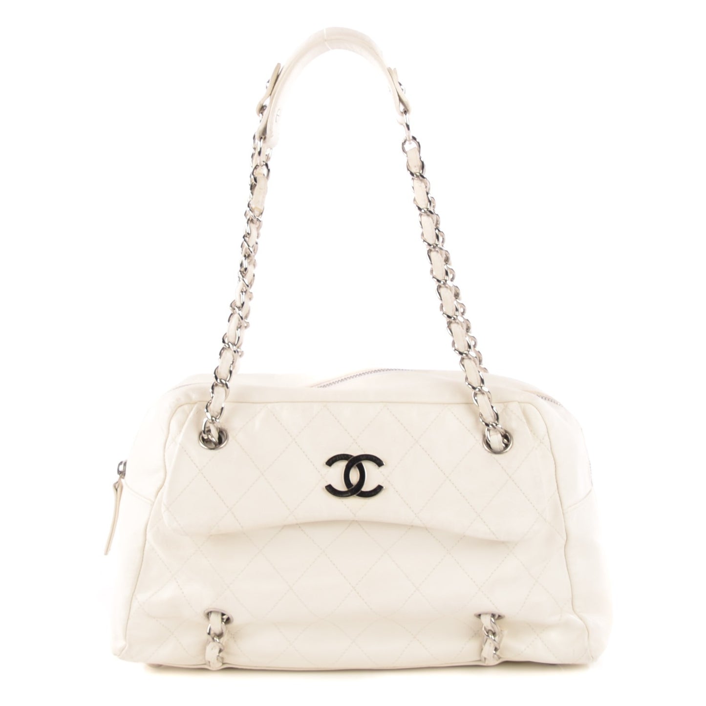 Lambskin Quilted Chain Around Tote White