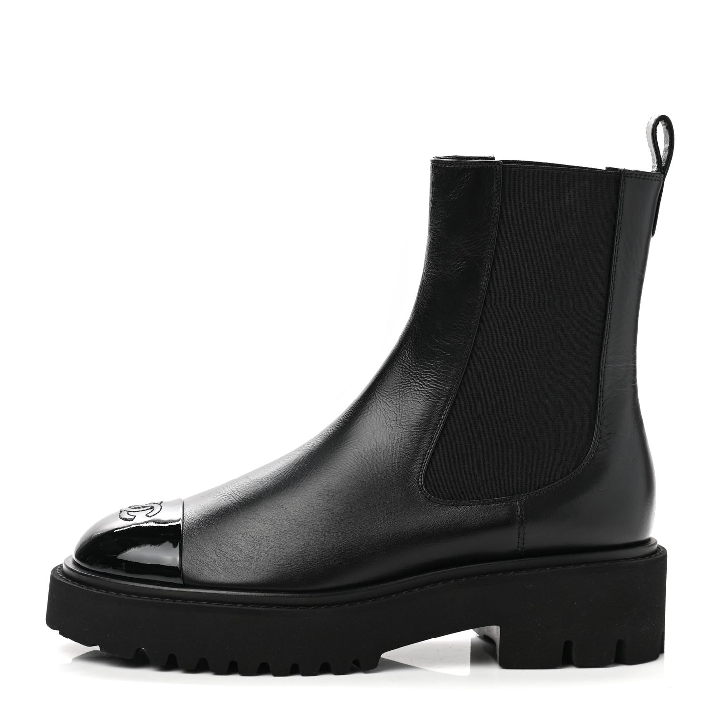 Crumpled Calfskin Patent Cap Toe Short Boots 40 Black
