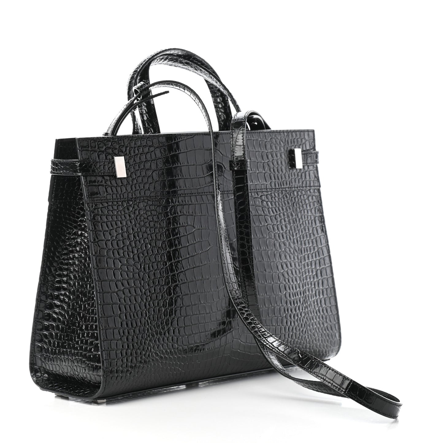 Shiny Calfskin Crocodile Embossed Small Manhattan Shopper Tote Black