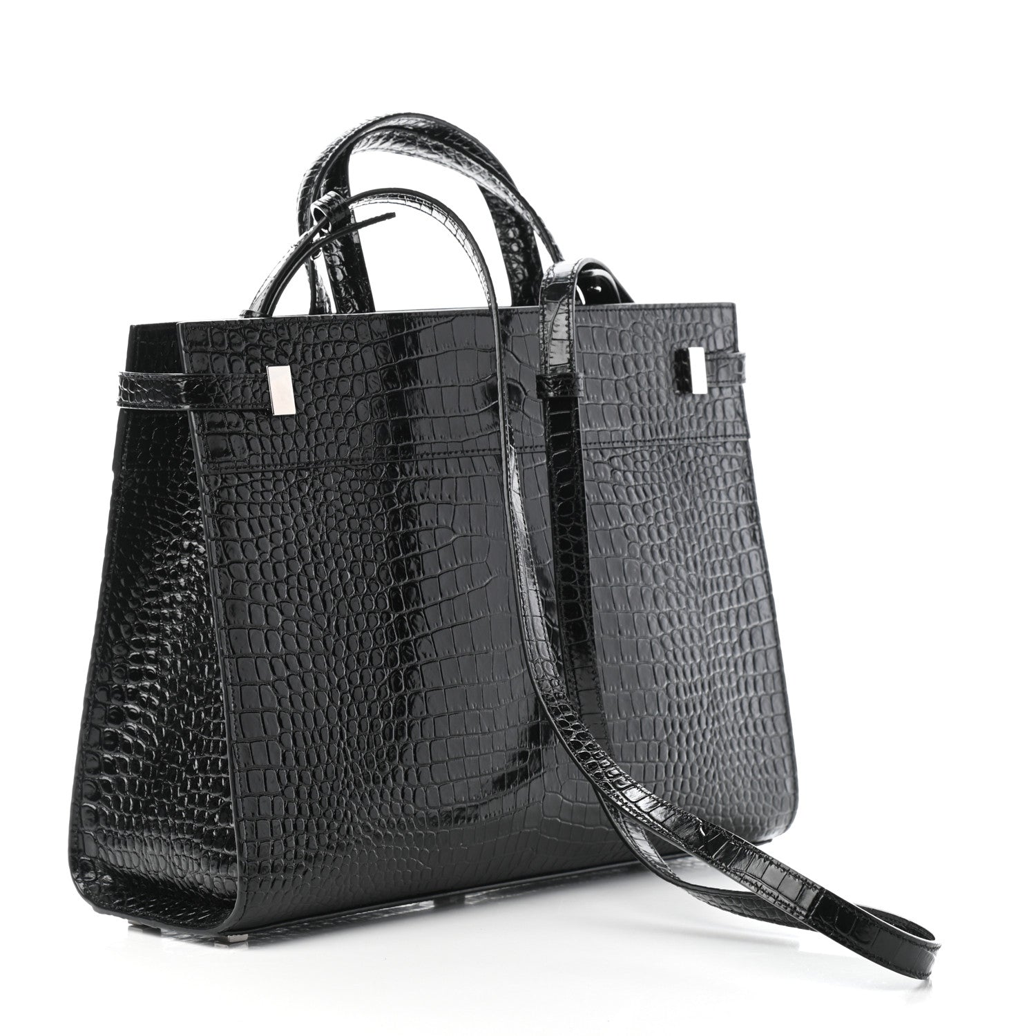 Saint Laurent Shiny Calfskin Crocodile Embossed Small Manhattan Shopper Tote Black 3 of 8
