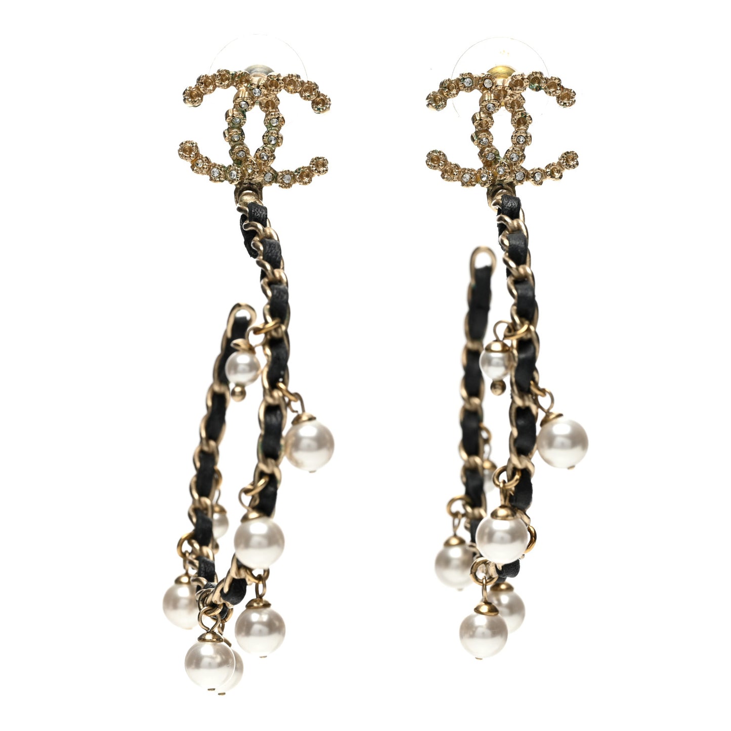 Lambskin Pearl Crystal CC Chain Hoop Earrings Gold Black