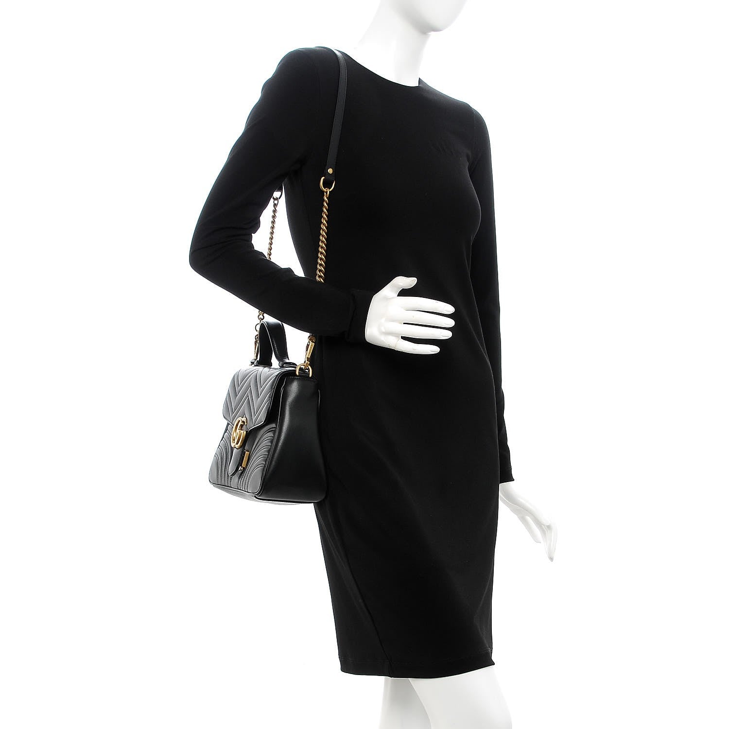 Gucci Calfskin Matelasse Small GG Marmont Top Handle Shoulder Bag Black 2 of 8