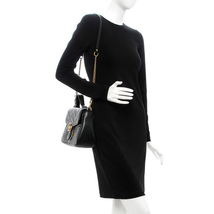 Gucci Calfskin Matelasse Small GG Marmont Top Handle Shoulder Bag Black 2 of 8