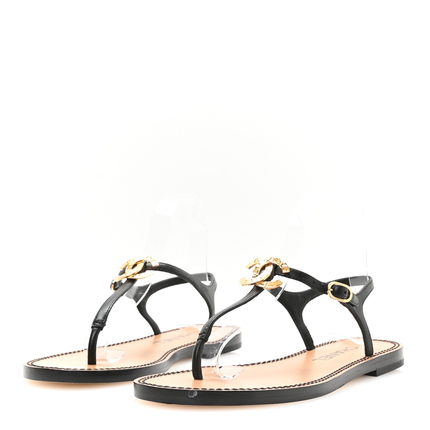 Chanel Lambskin CC Thong Sandals 36.5 Black Gold 4 of 8