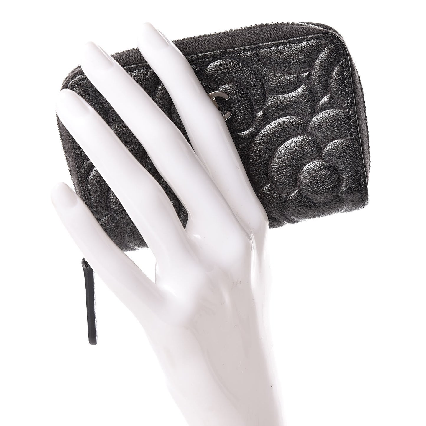 Goatskin Camellia Embossed Zip Coin Purse Anthracite