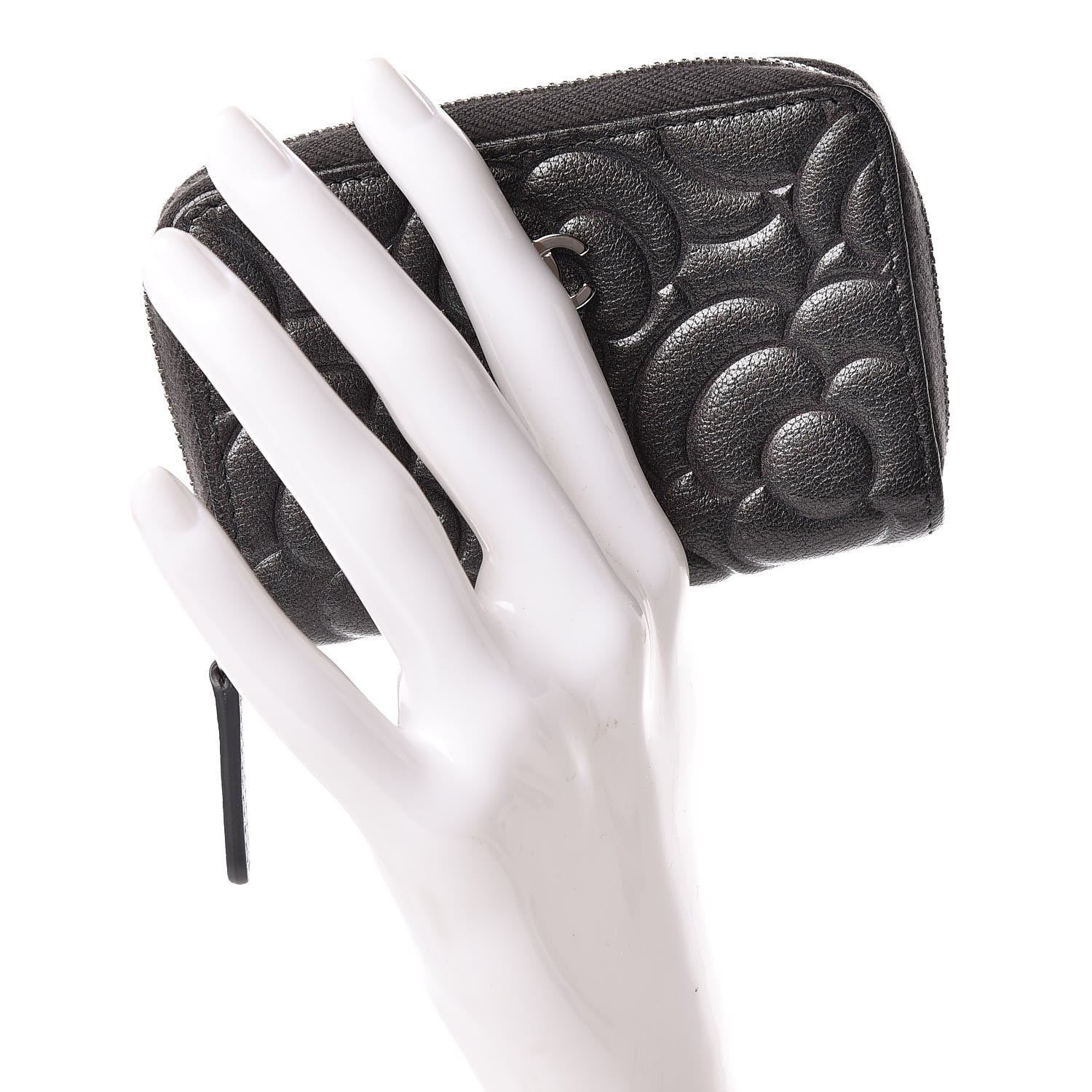 Chanel Goatskin Camellia Embossed Zip Coin Purse Anthracite 2 of 8