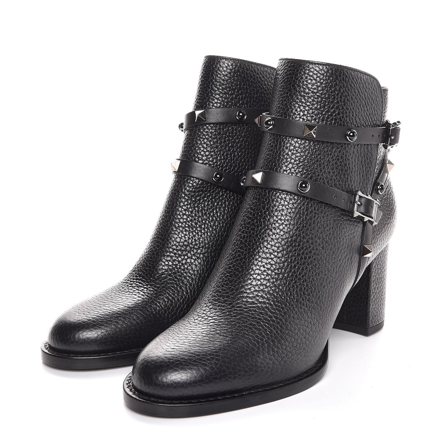 Pebbled Calfskin Onyx Rockstud Rolling Double Buckle 70mm Block Heel Ankle Boots 37.5 Black