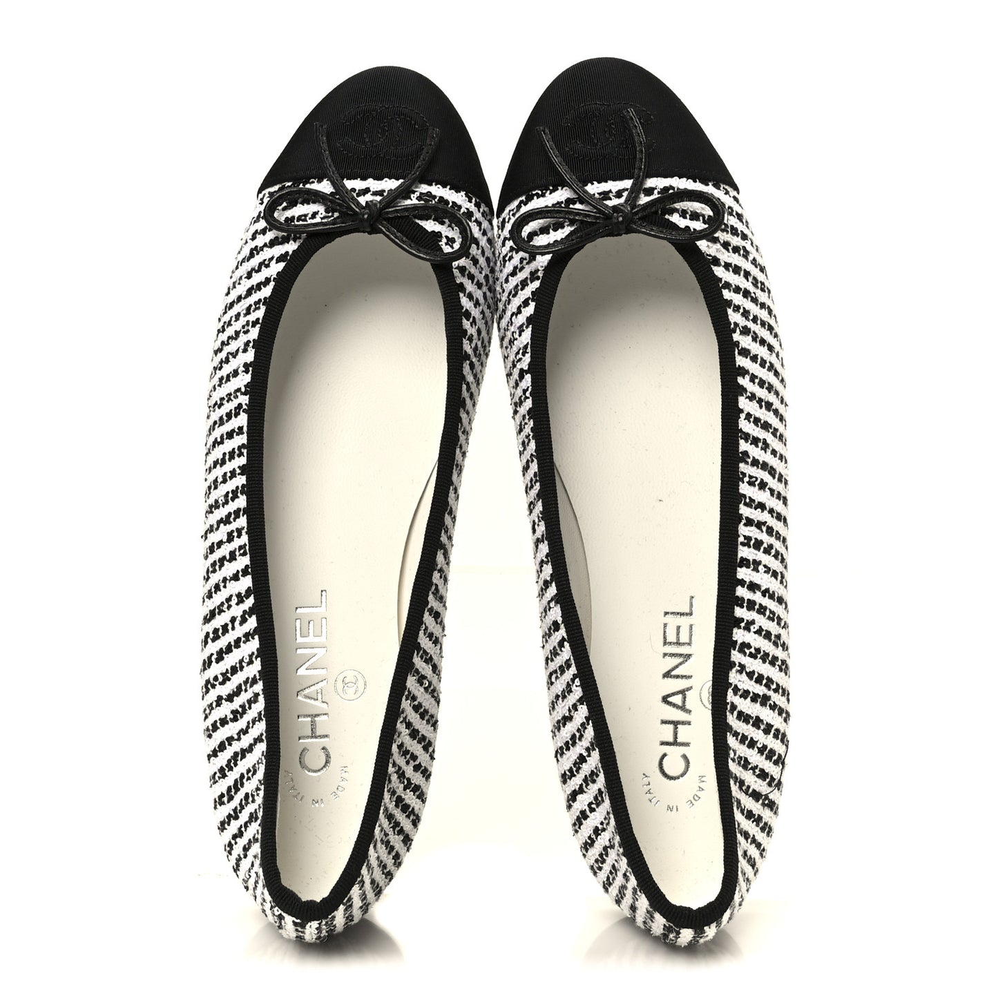 Tweed Sequin Grosgrain Cap Toe Ballerina Flats 39.5 Black White