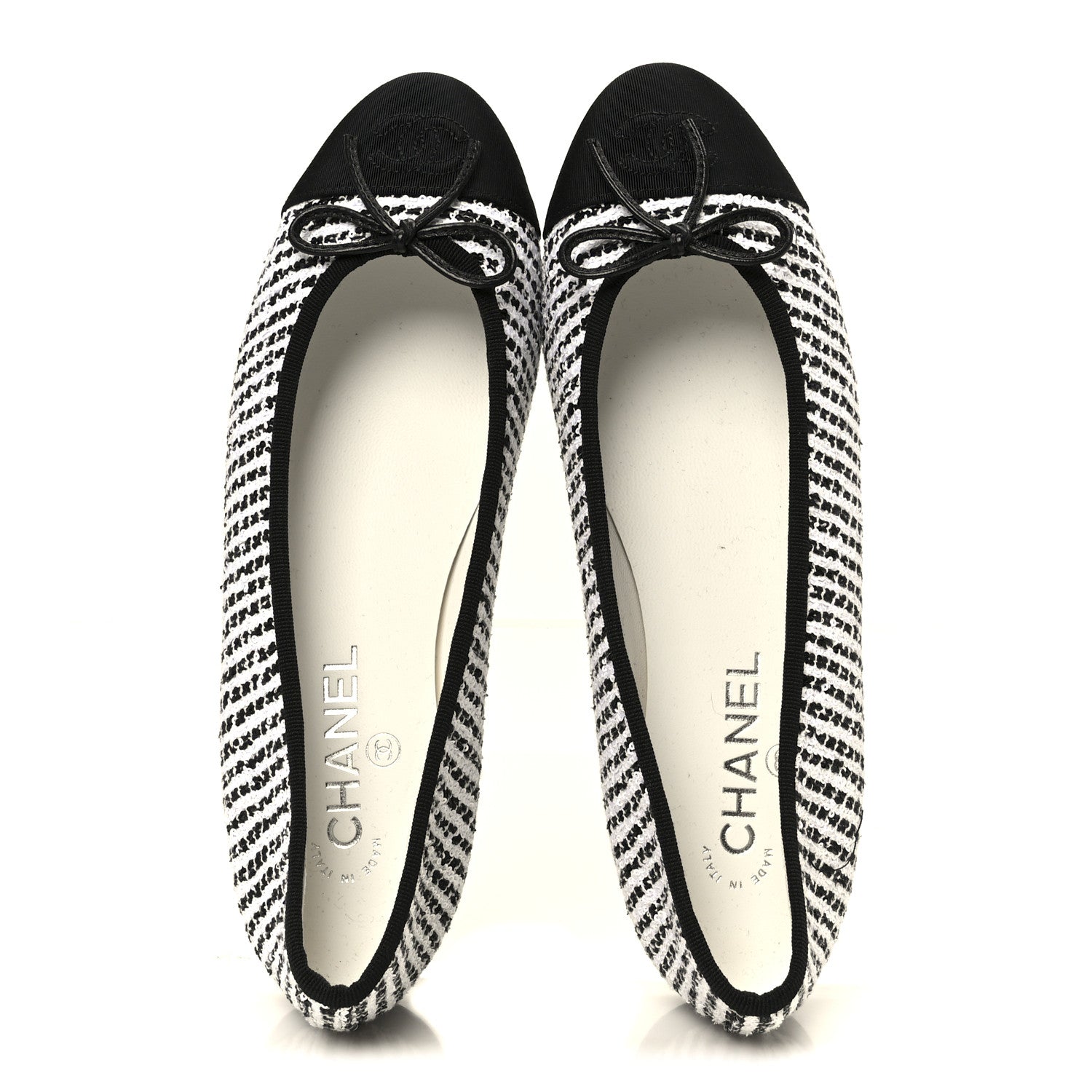 Chanel Tweed Sequin Grosgrain Cap Toe Ballerina Flats 39.5 Black White 2 of 10