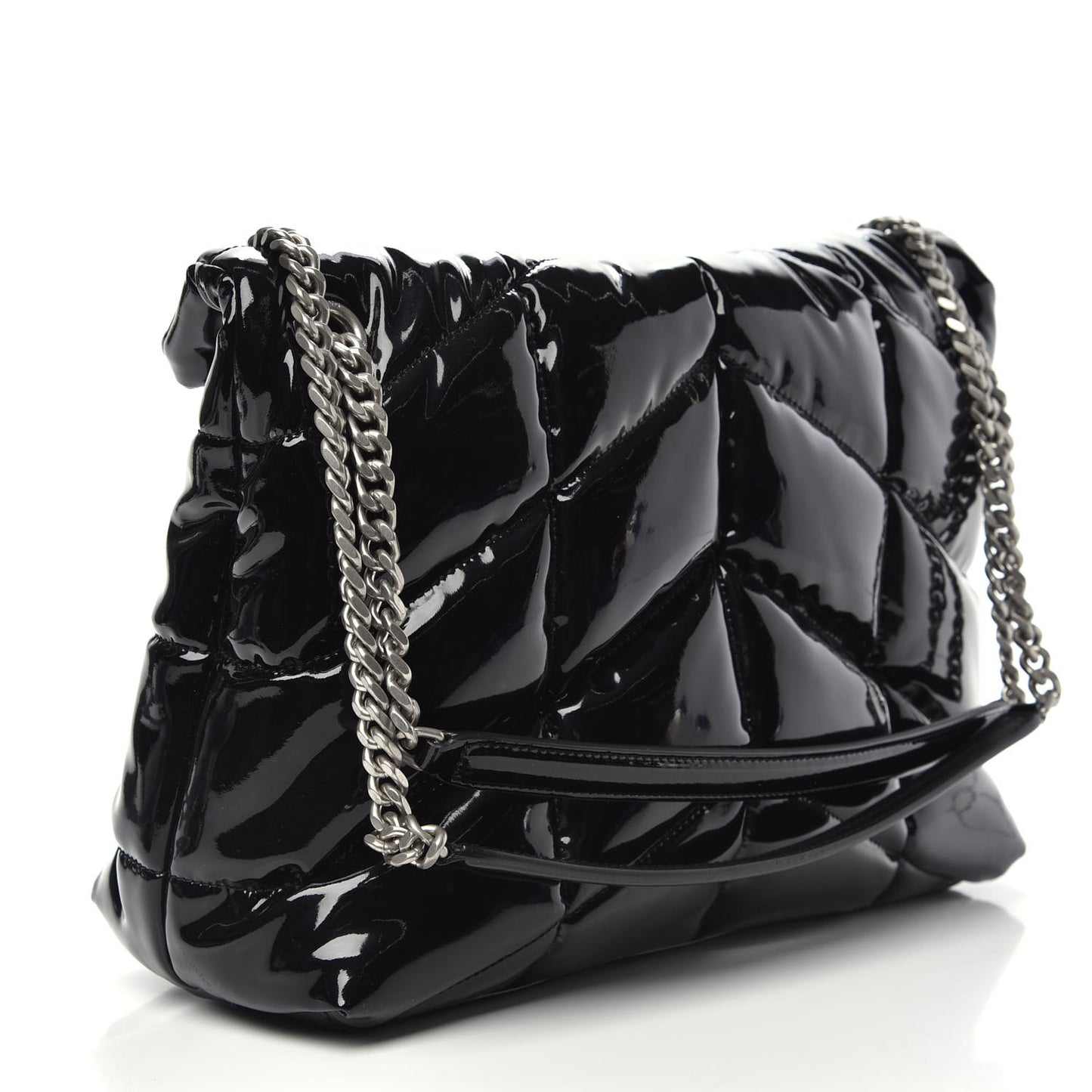 Patent Lambskin Quilted Medium Loulou Puffer Monogram Chain Satchel Black