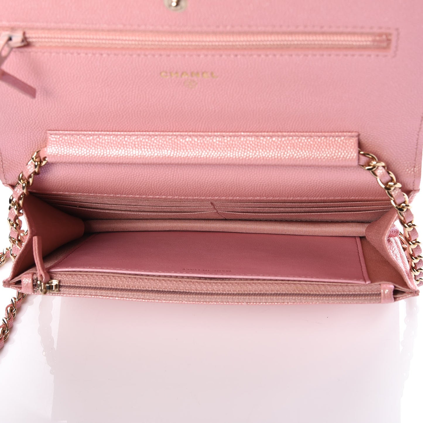 Iridescent Caviar Quilted Wallet on Chain WOC Rose Pink