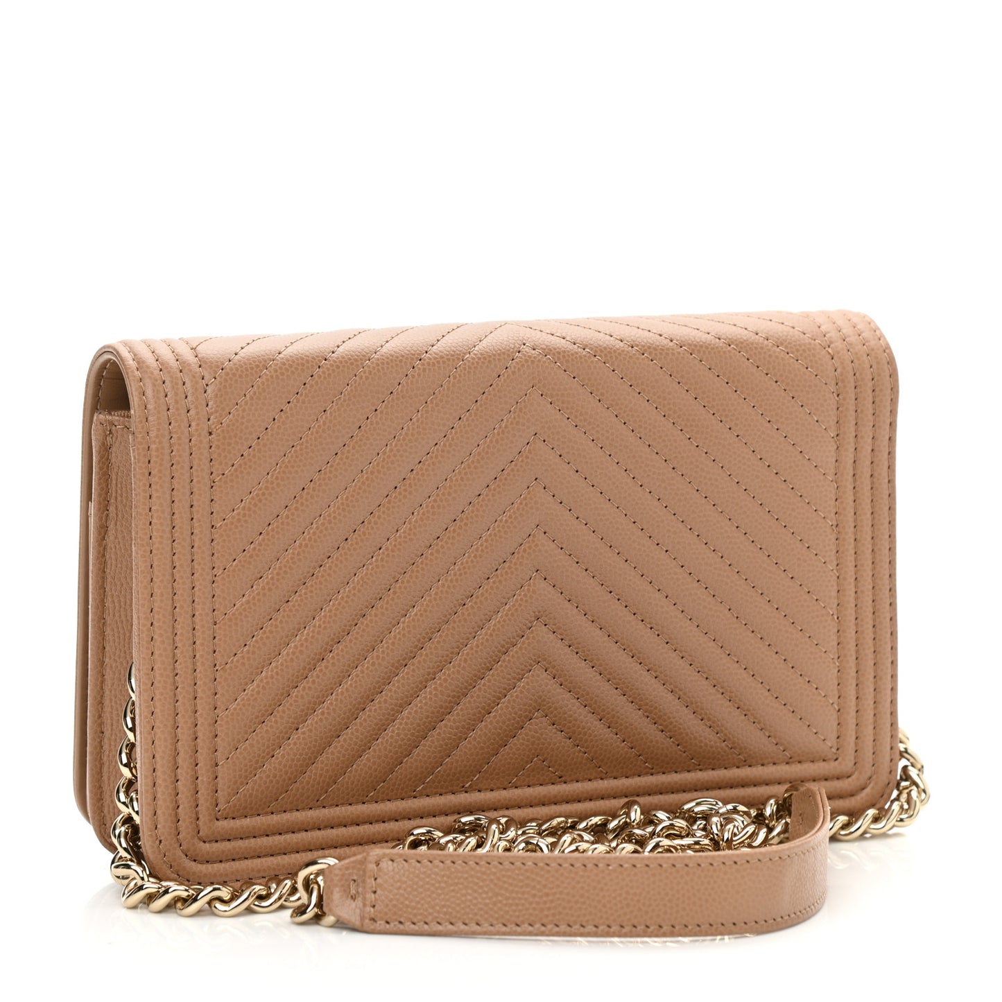 Caviar Chevron Quilted Boy Wallet On Chain WOC Dark Beige