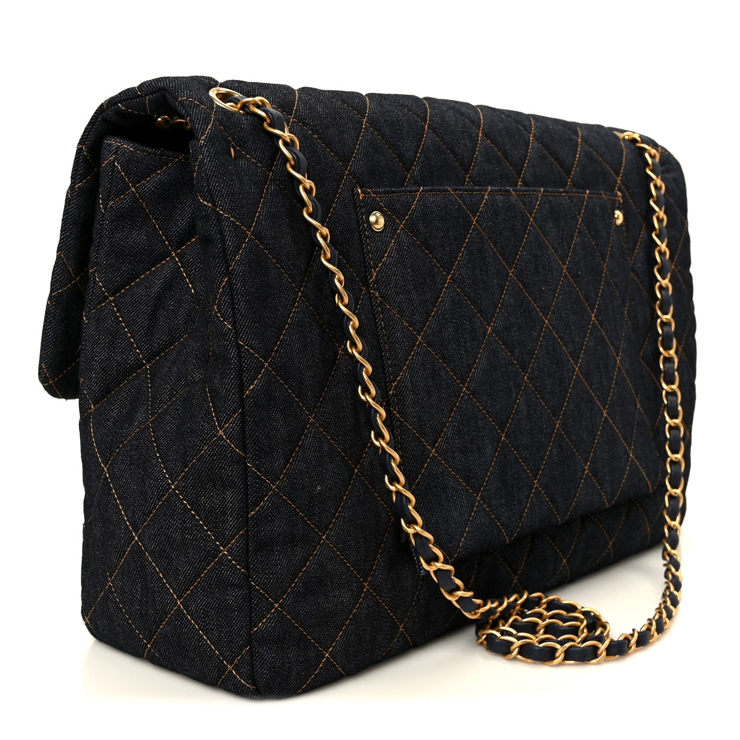 Denim Quilted XXL Travel Flap Bag Dark Blue Orange