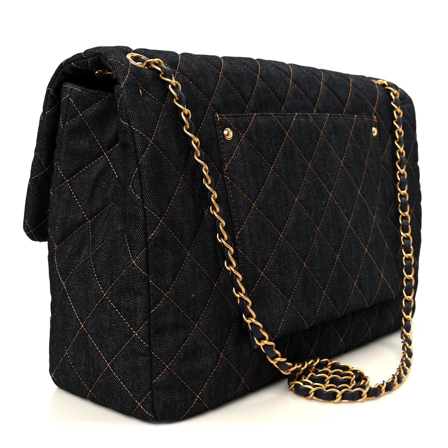 Chanel Denim Quilted XXL Travel Flap Bag Dark Blue Orange 3 of 11