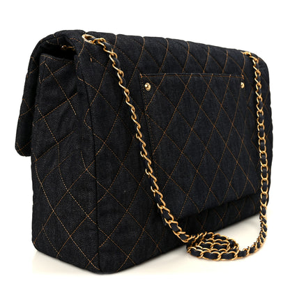 Chanel Denim Quilted XXL Travel Flap Bag Dark Blue Orange 3 of 11