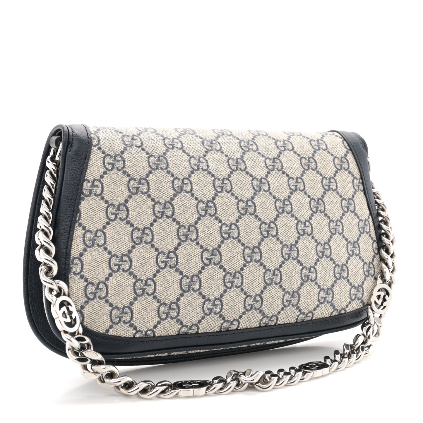 GG Supreme Monogram Textured Dollar Calfskin Blondie Chain Shoulder Flap Bag Beige Blue