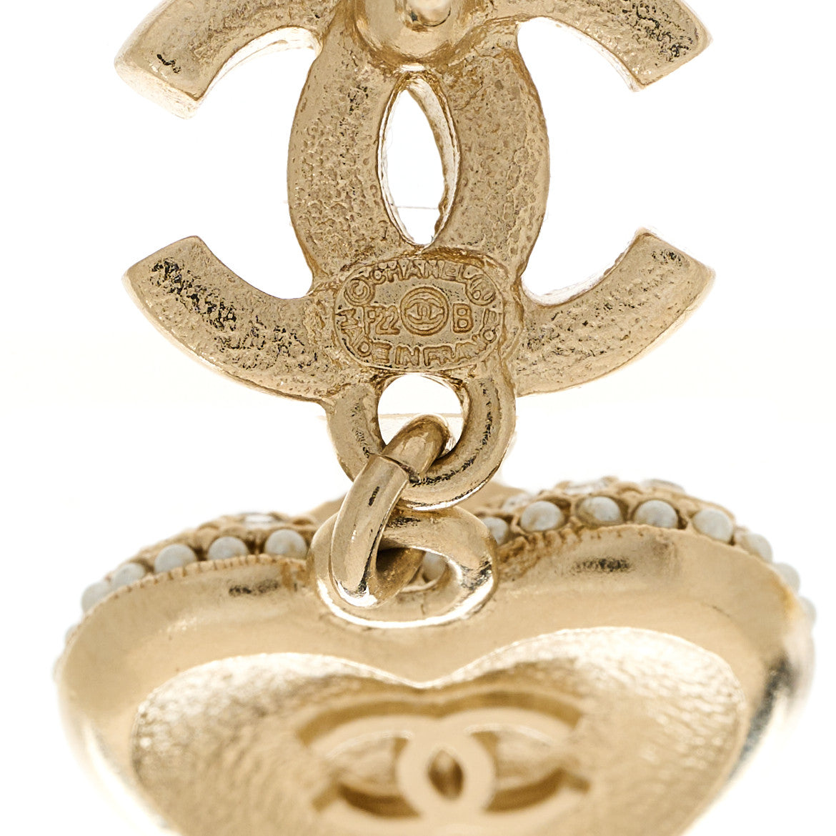 Chanel Pearl Crystal CC Heart Drop Earrings Gold White 5 of 5