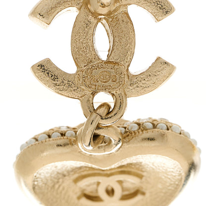 Chanel Pearl Crystal CC Heart Drop Earrings Gold White 5 of 5