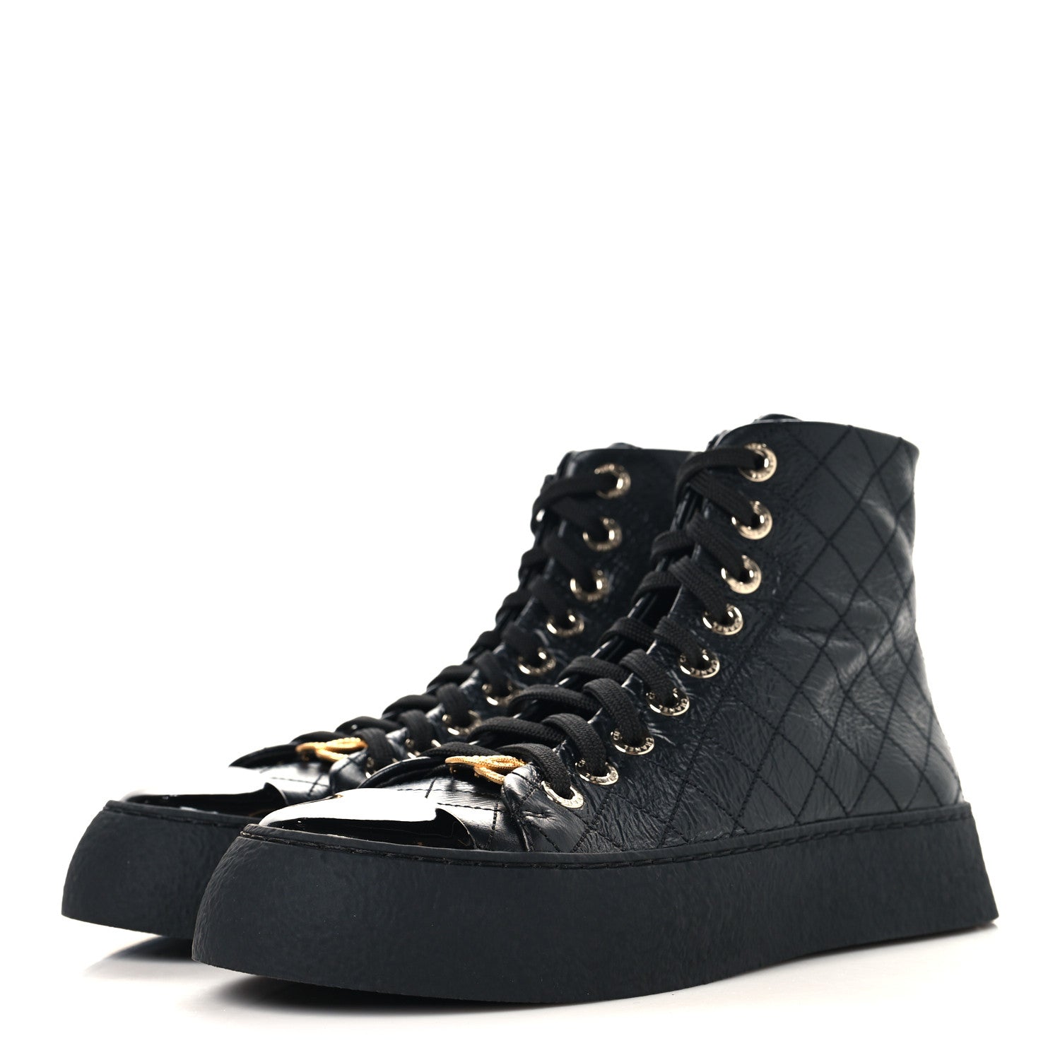 Chanel Crumpled Lambskin Patent Cap Toe CC Stitched High Top