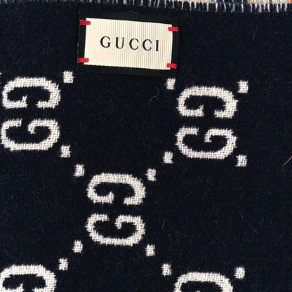 Gucci Wool GG Monogram Plaid Rise Reversible Fringe Scarf Midnight Blue Cream 3 of 4