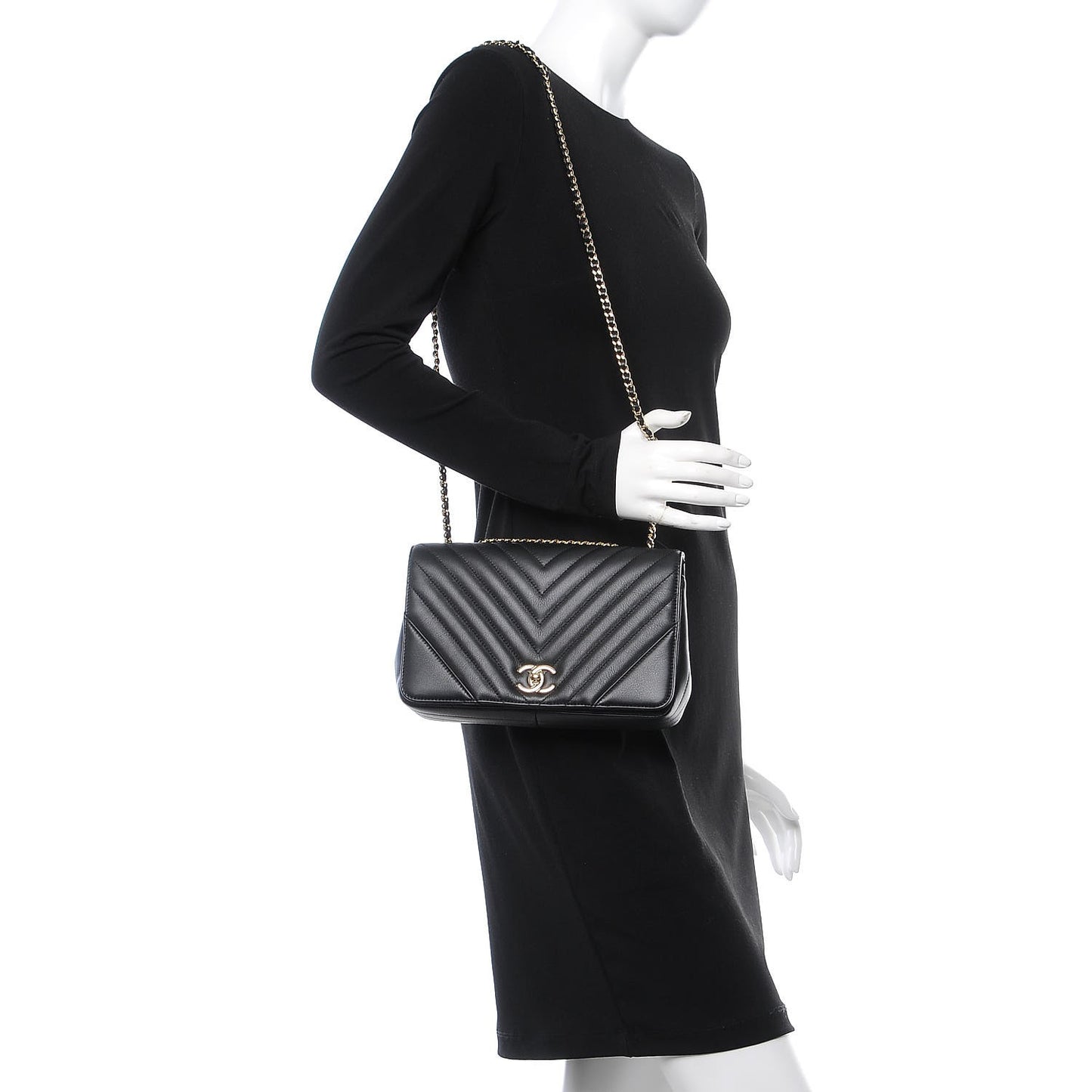 Calfskin Chevron Quilted Statement Flap Black