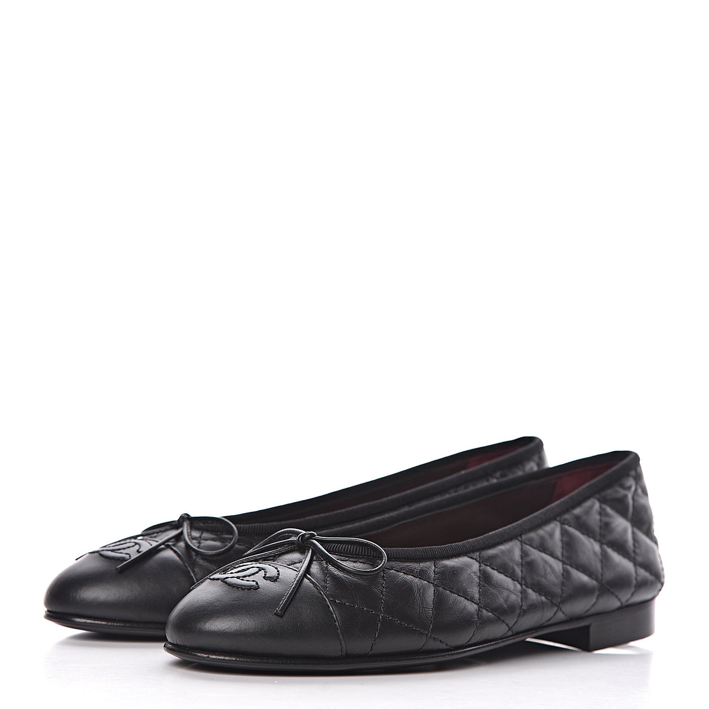 Aged Calfskin Quilted Cap Toe Ballerina Flats 35.5 Black