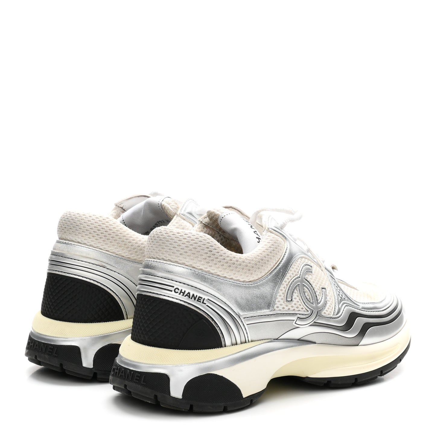 Fabric Laminated Calfskin Stretch CC Womens Sneakers 39 White Silver