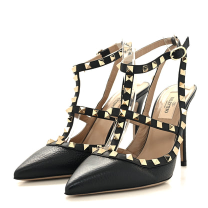 Valentino Garavani Pebbled Calfskin Rockstud Ankle Strap 100mm Pumps 38 Black 3 of 8