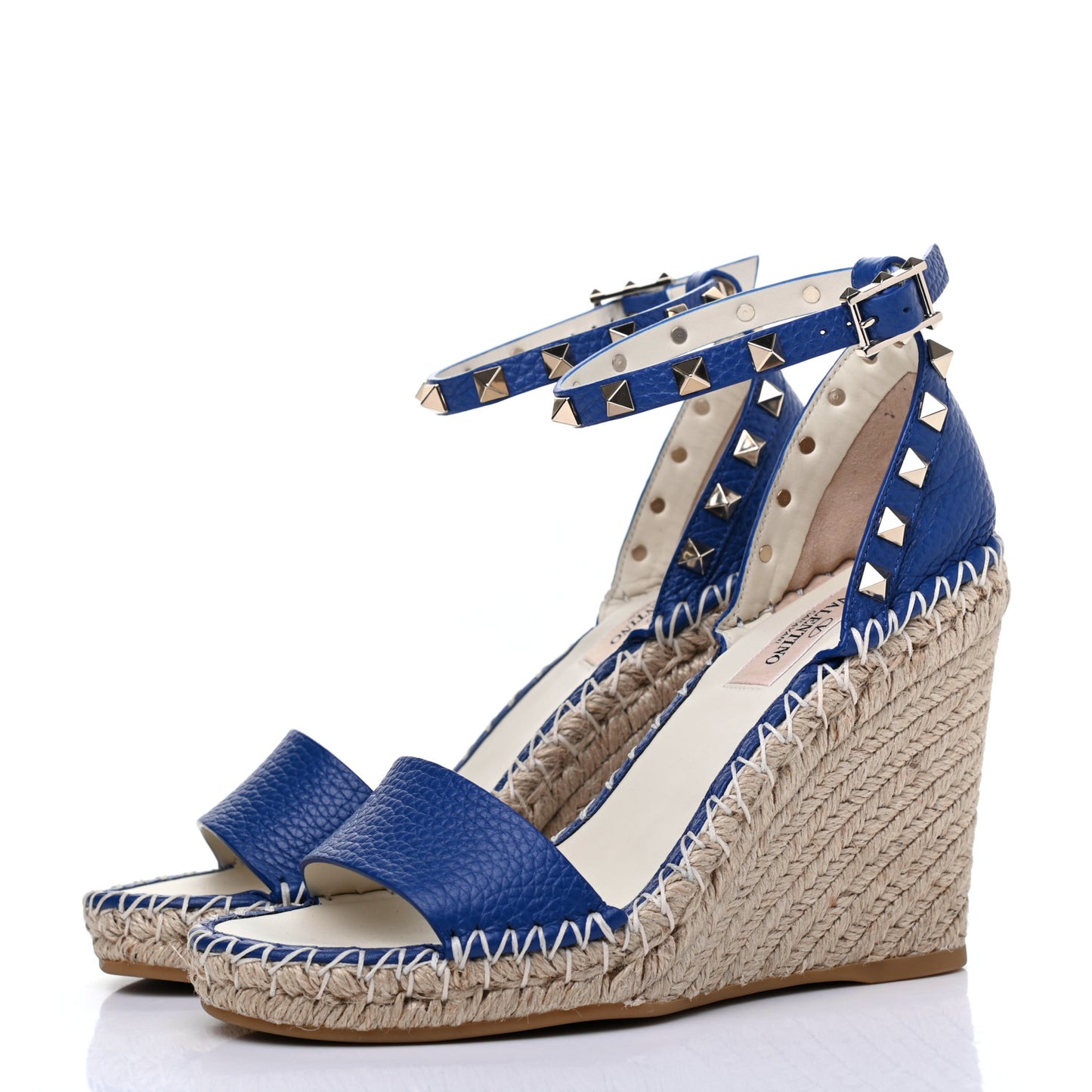 Grained Calfskin Rockstud Ankle Strap Espadrille 15/105mm Wedge Sandals 36 Blu Delft Natural