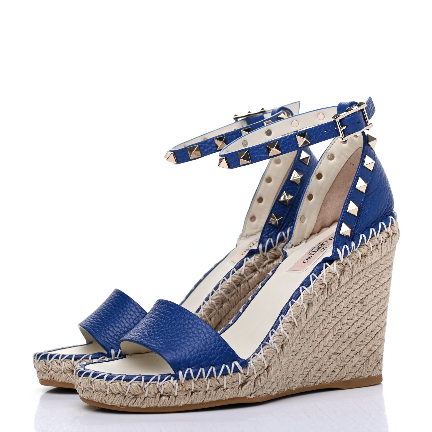 Valentino Garavani Grained Calfskin Rockstud Ankle Strap Espadrille 15/105mm Wedge Sandals 36 Blu Delft Natural 3 of 12