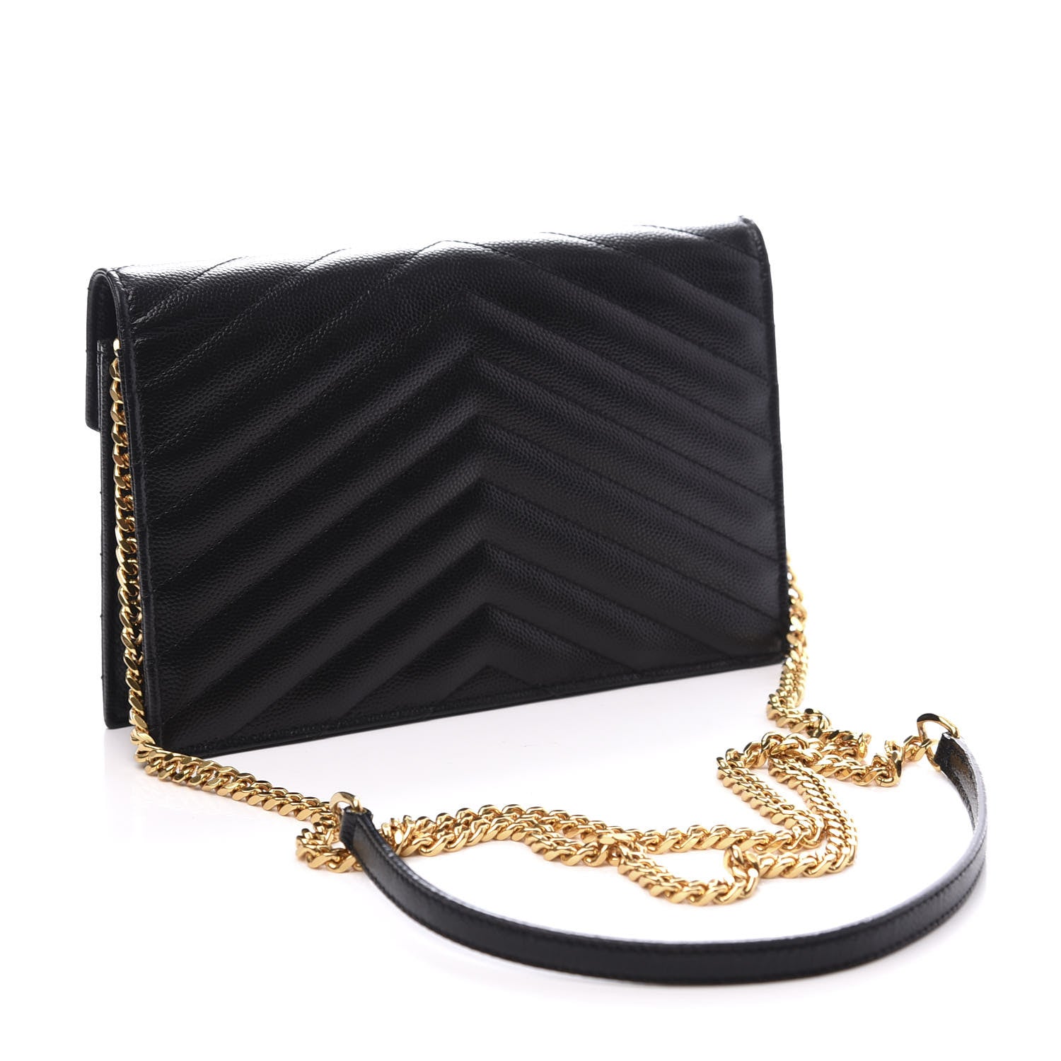 Saint Laurent Grain De Poudre Matelasse Chevron Monogram Envelope Chain Wallet Black 2 of 11