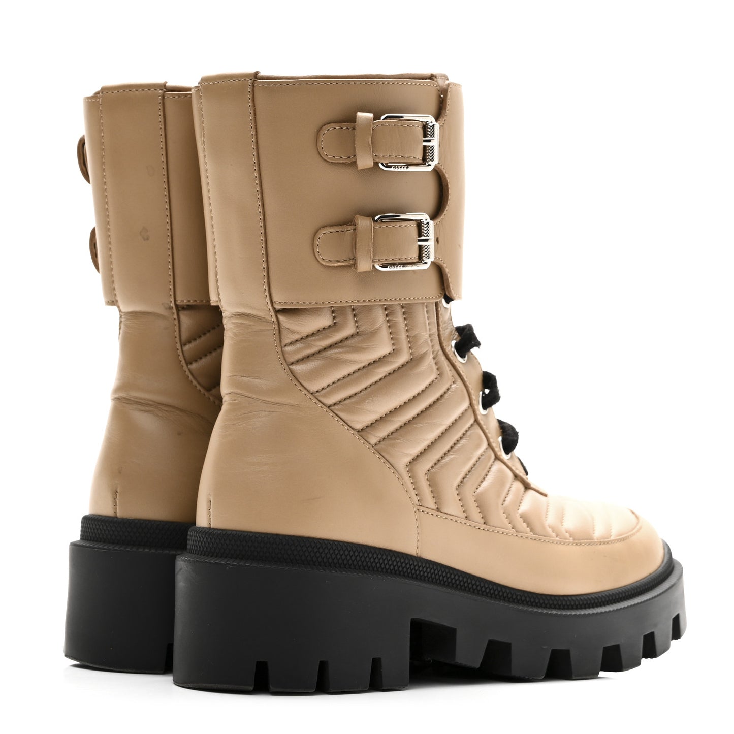 Nappa Frances GG Matelasse Platform Combat Boots 35 Natural Tan