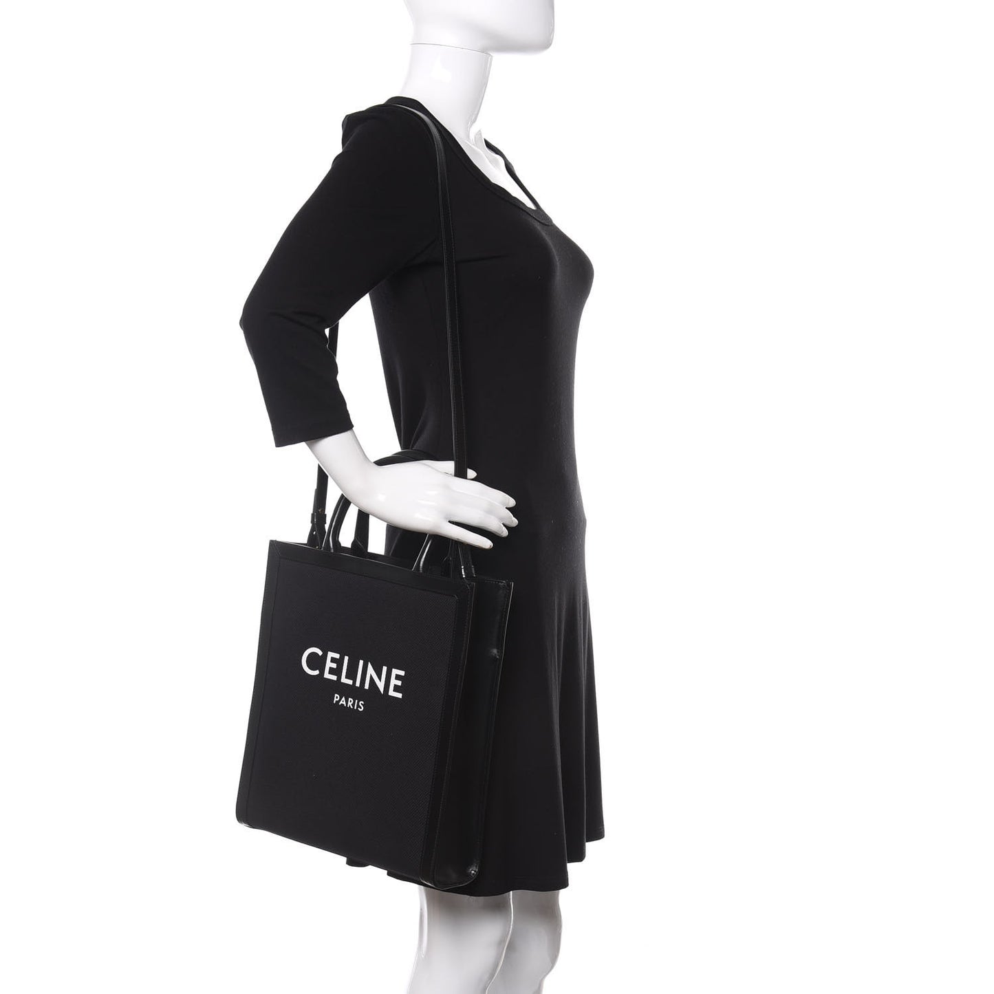 Canvas Calfskin Small Vertical Cabas Black