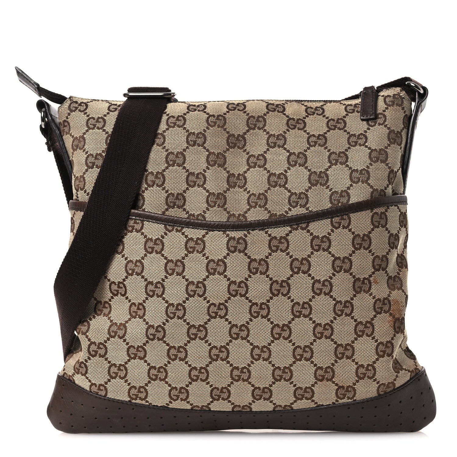 Gucci Monogram Calfskin Perforated Medium Flat Messenger Bag Dark Brown 1 of 17
