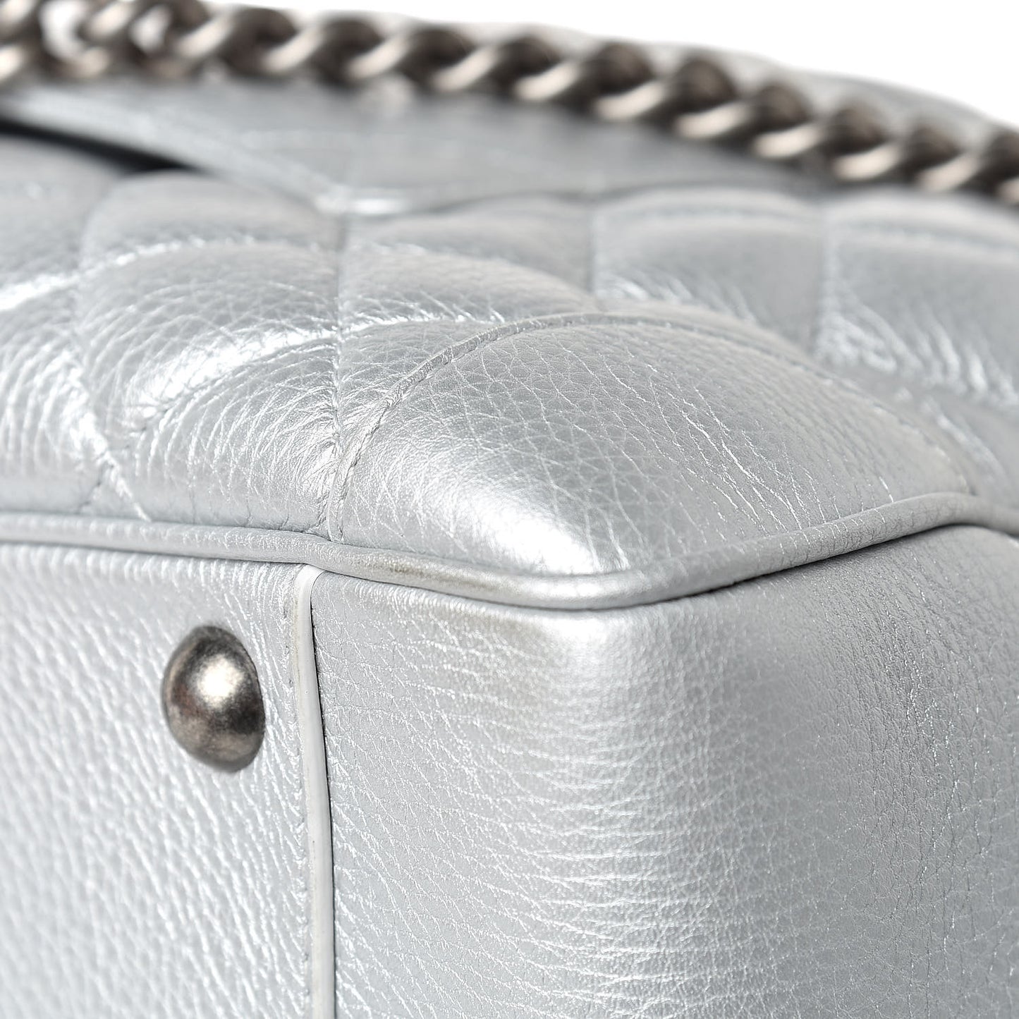 Metallic Calfskin Quilted Large Airlines Round Trip Bowling Bag Silver