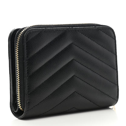 Saint Laurent Grain De Poudre Matelasse Chevron Monogram Compact Zip Around Wallet Black 3 of 7