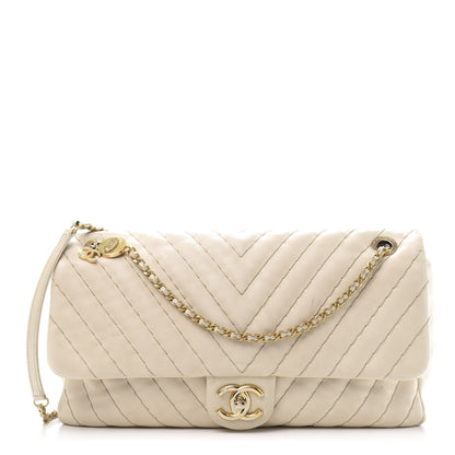 Chanel Calfskin Surpique Chevron Large Flap Beige 1 of 19