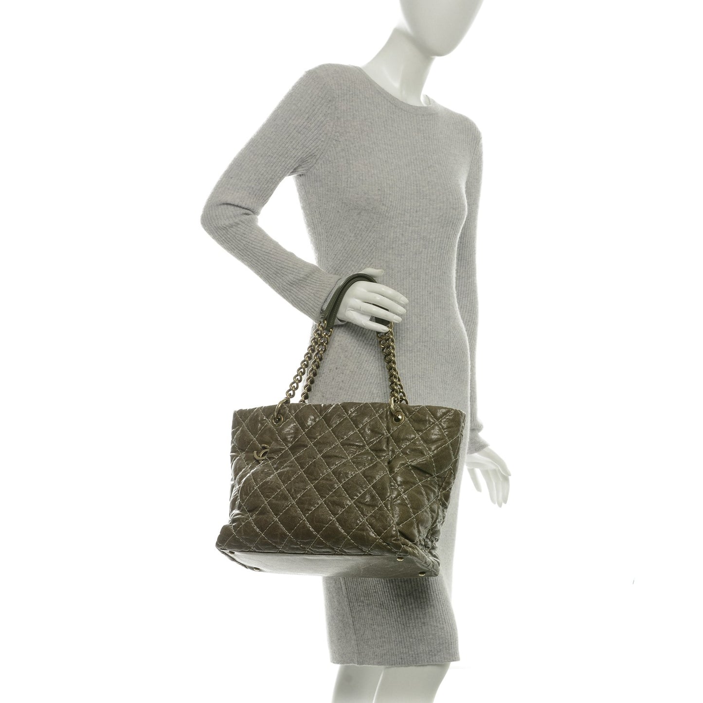 Crumpled Grained Calfskin Large Coco Pleats Tote Khaki