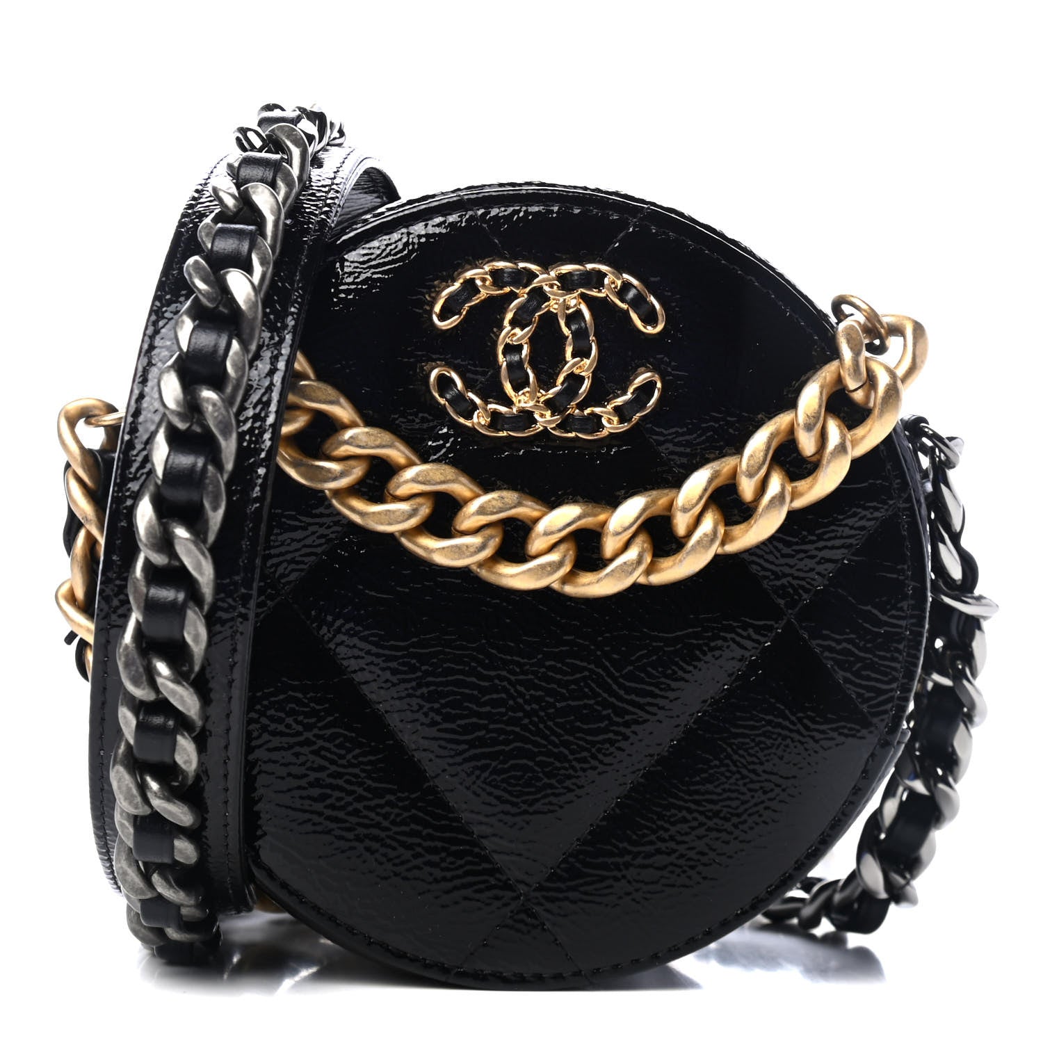 Chanel Shiny Crumpled Calfskin Quilted Chanel 19 Round Clutch With Chain Black 1 of 4