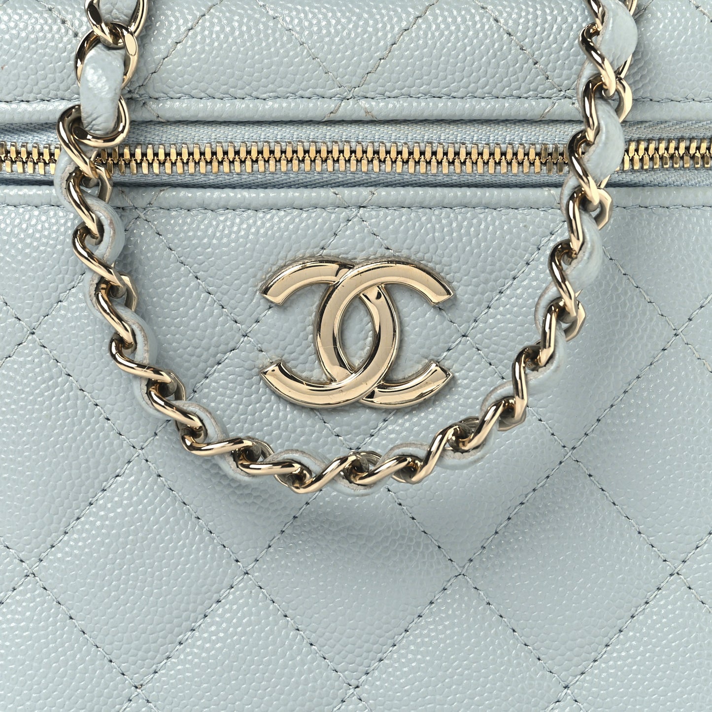 Caviar Quilted Small Top Handle Vanity Case With Chain Light Blue
