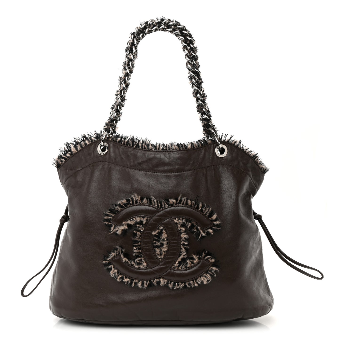 Tweed Lambskin Drawstring Tweedy Tote Brown