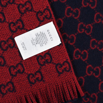Gucci Wool GG Monogram Knit Longfog Fringe Scarf Midnight Blue Red 4 of 5