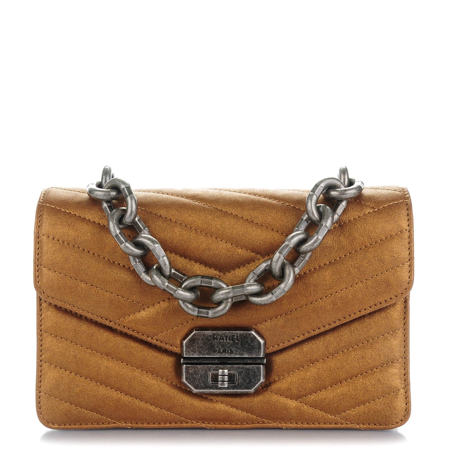Metallic Calfskin Chevron Quilted Small Gabrielle Flap Gold