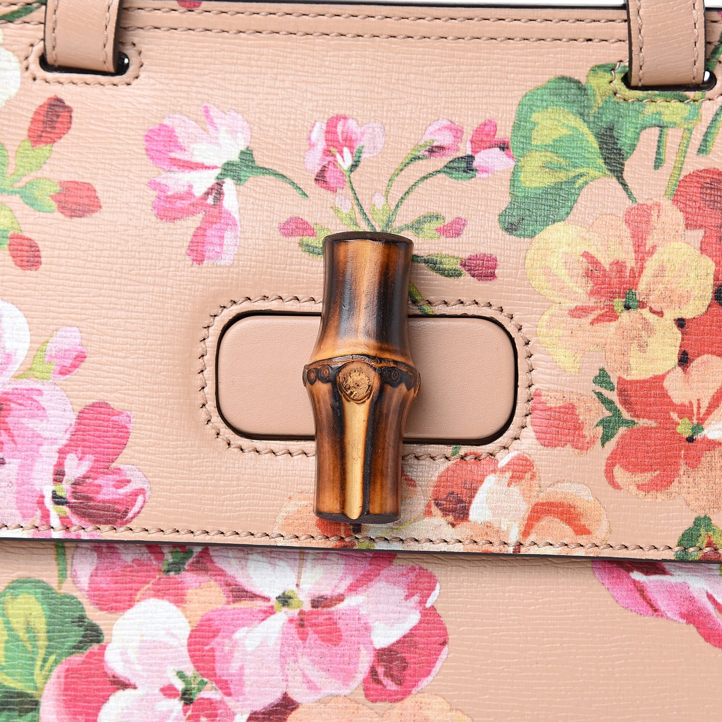 Shangai Calfskin Blooms Print Small Bamboo Daily Top Handle Bag Pink Apricot Multicolor