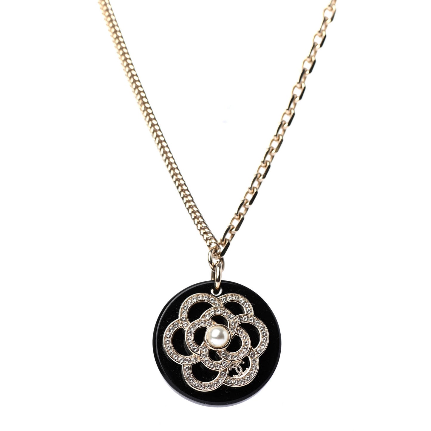 Resin Pearl Crystal Camellia CC Necklace Black Gold
