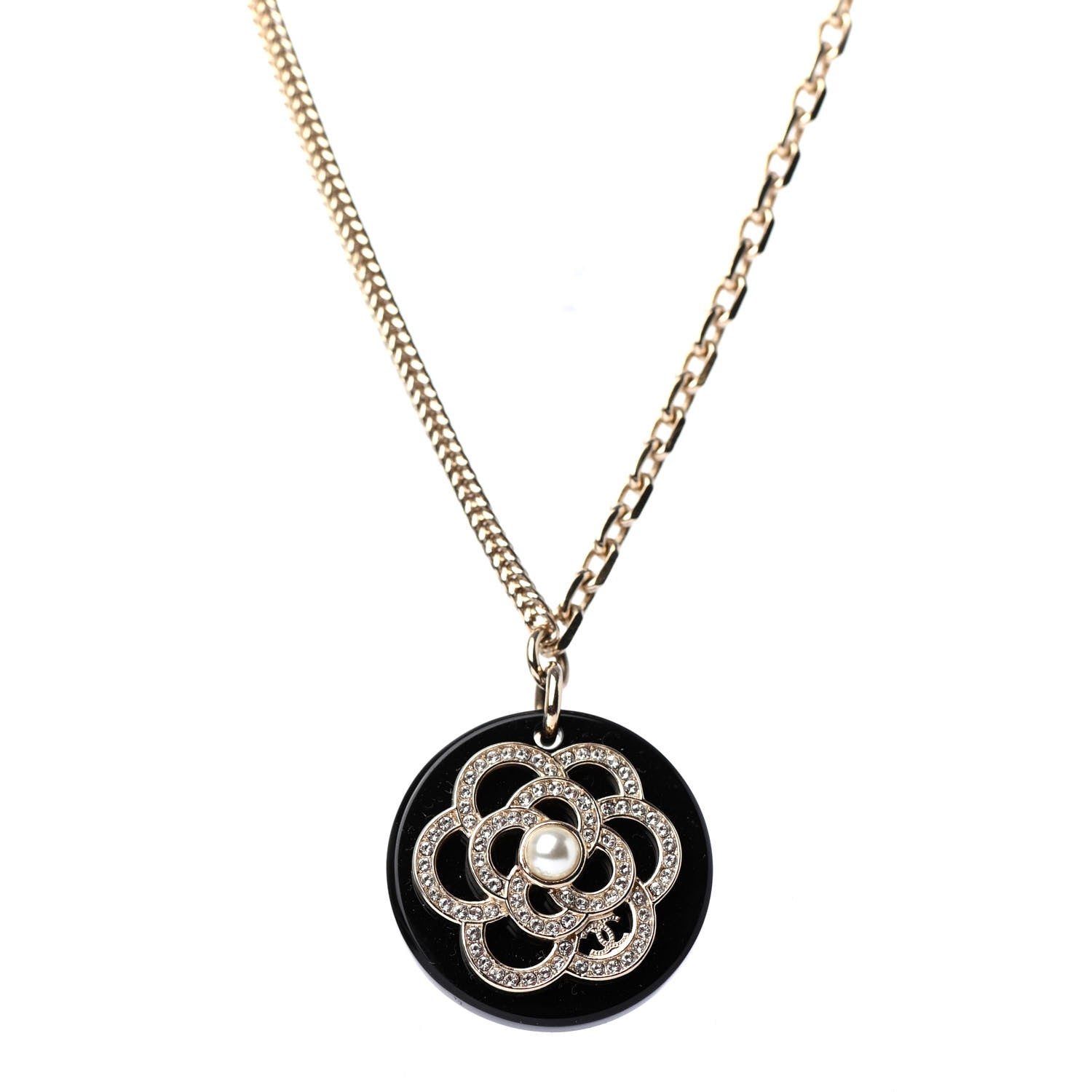 Chanel Resin Pearl Crystal Camellia CC Necklace Black Gold 1 of 4