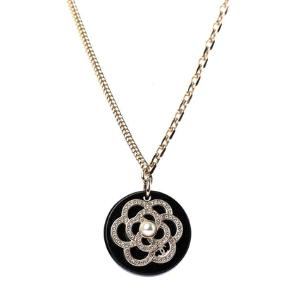 Chanel Resin Pearl Crystal Camellia CC Necklace Black Gold 1 of 4