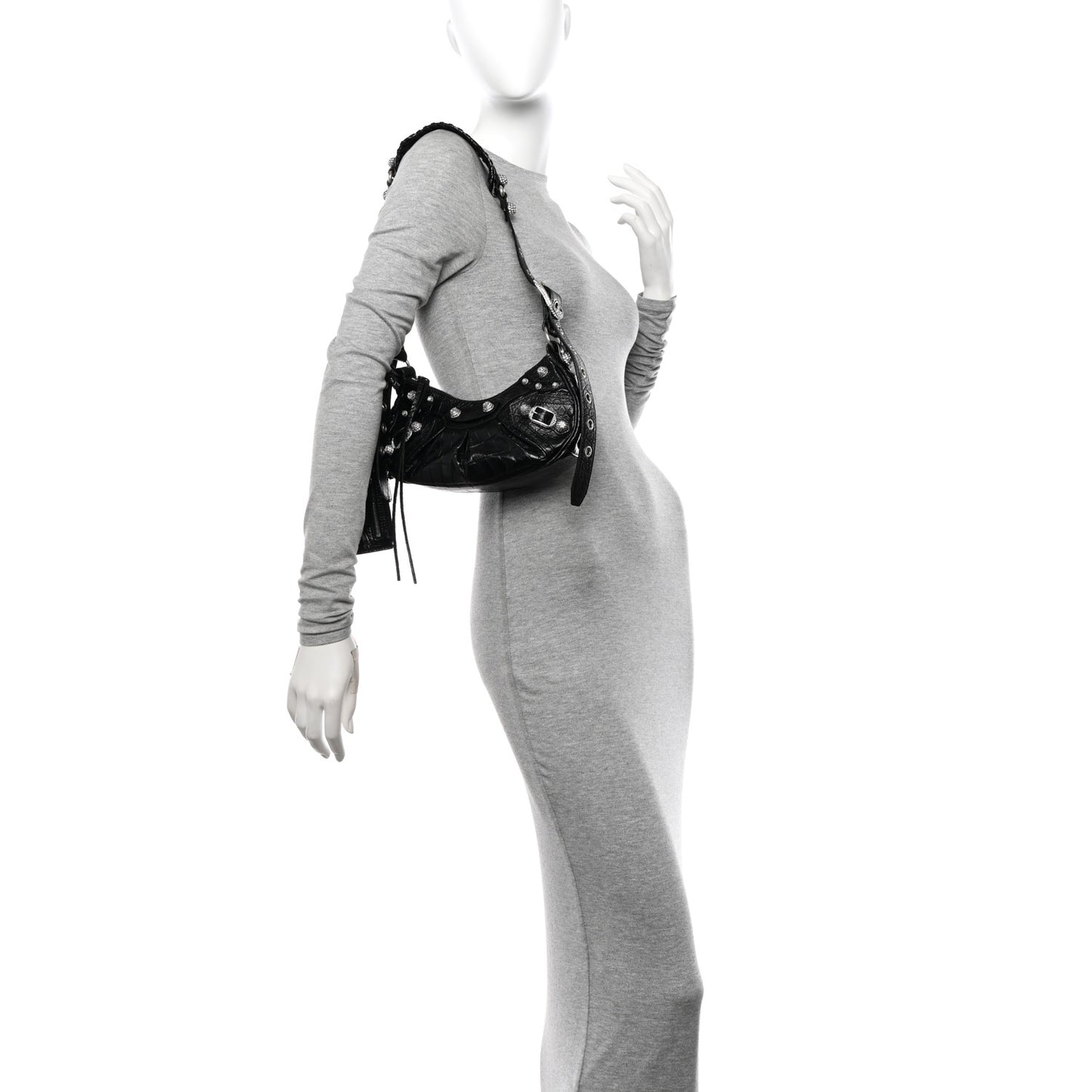Extra Supple Calfskin Crystal Crocodile Embossed Le Cagole Shoulder Bag XS Black
